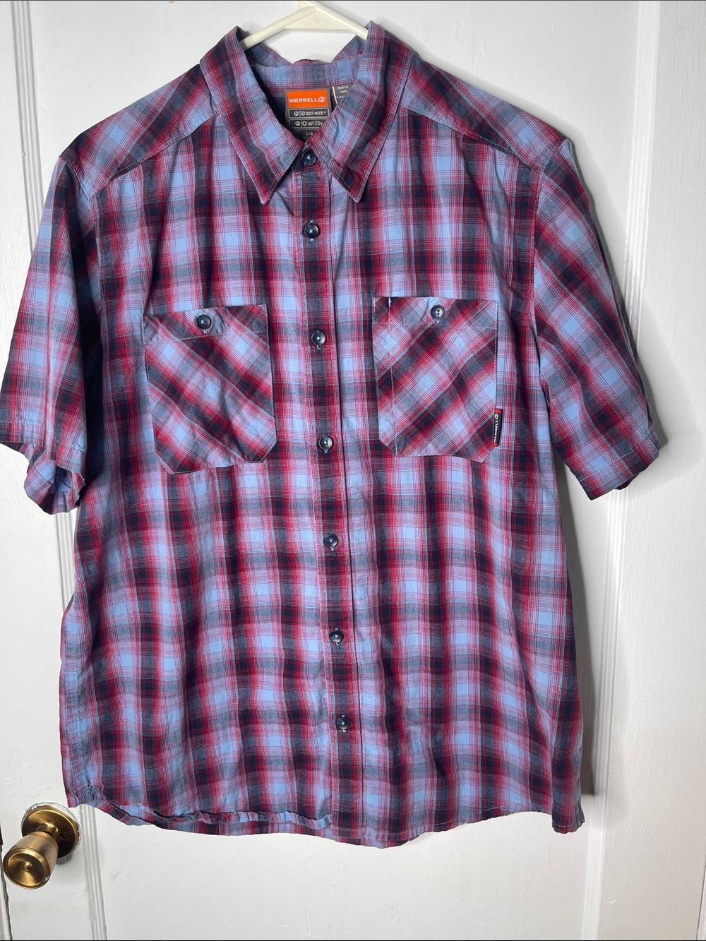 Merrell L Mens Short Sleeve Button Front Shirt Plaid Blue Red Upf 20 Opti Wick